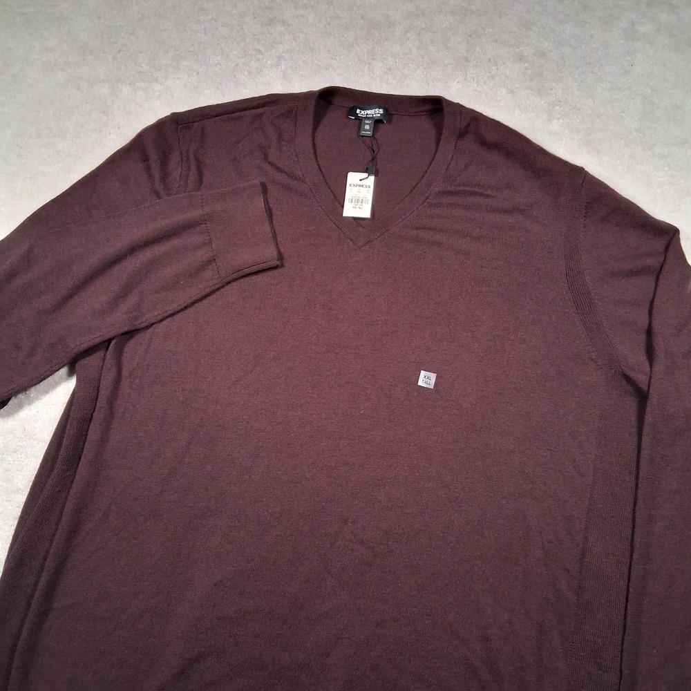 Express Sweater Mens XXL Tall Burgundy Brown Merino Wool Blend V-Neck Pullover